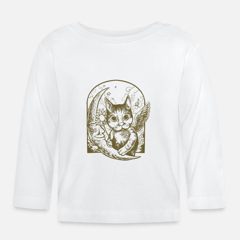 Chat céleste et lune ailée - T-shirt manches longues bio Bébé - blanc