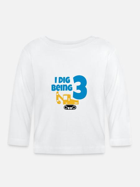 Excavator birthday 3 years - Organic Baby Long Sleeve T-Shirt - white