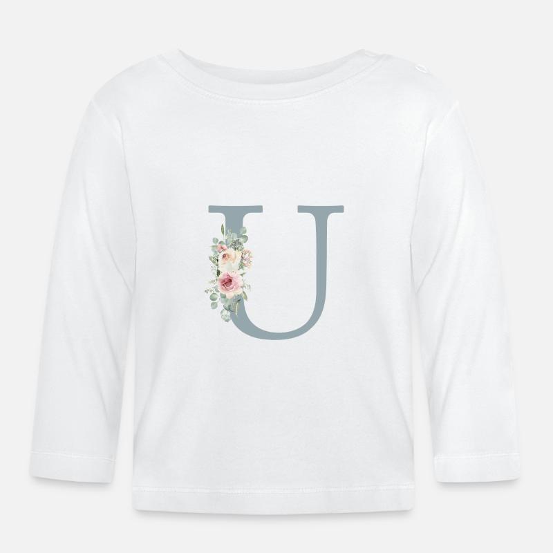 U| Monogramm | Eukalyptus-Pastell-Blumen-Blau - Baby Bio-Langarmshirt - Weiß