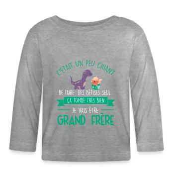Annonce Grossesse Nouveau Grand Frère Dinosaures - T-shirt manches longues bio Bébé - gris chiné - Devant