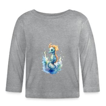 mignon hippocampe, bleu, vert, aquarelles - T-shirt manches longues bio Bébé - gris chiné - Devant