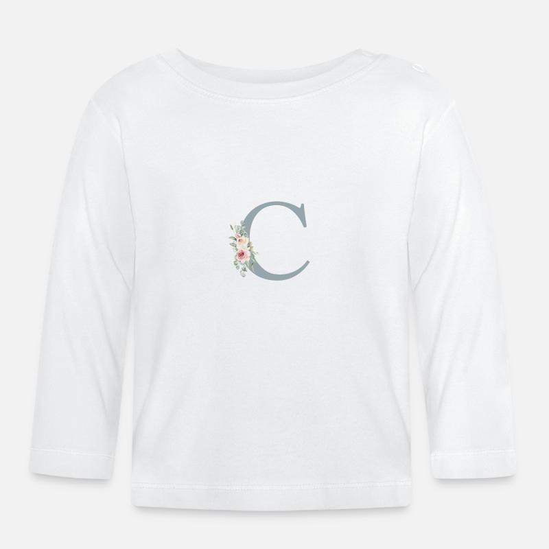 C| Monogramm | Eukalyptus-Pastell-Blumen-Blau - Baby Bio-Langarmshirt - Weiß