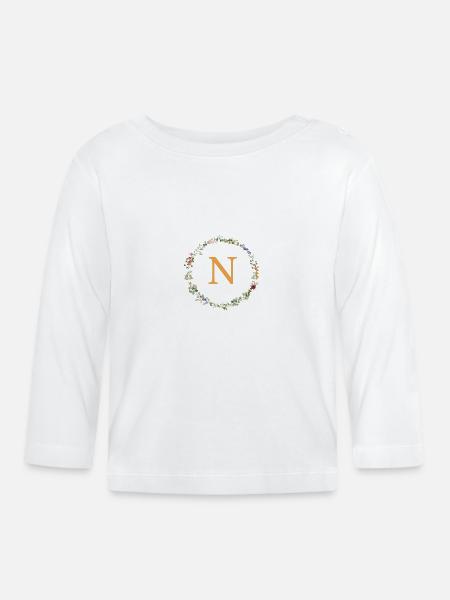 N Monogramm, Blumenkranz-Wildblumen - Baby Bio-Langarmshirt - Weiß