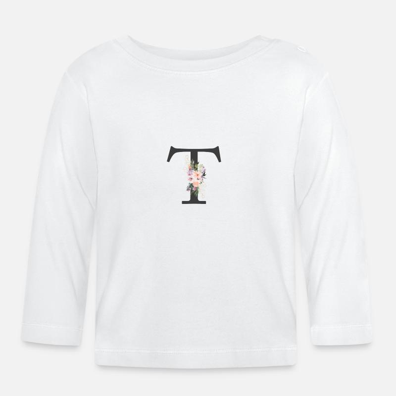 Buchstabe T, Monogramm, Blumen - Baby Bio-Langarmshirt - Weiß
