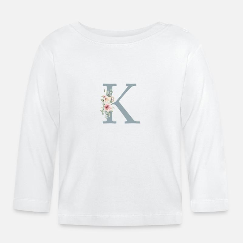 K| Monogramm | Eukalyptus-Pastell-Blumen-Blau - Baby Bio-Langarmshirt - Weiß