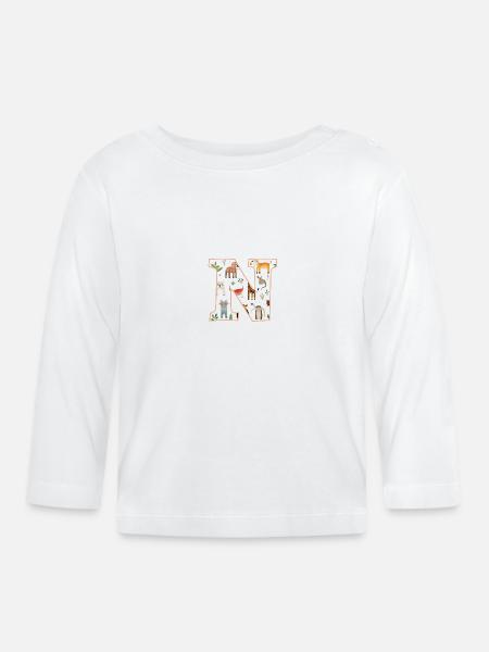 Letter N, Monogram, Animal Pattern - Organic Baby Long Sleeve T-Shirt - white