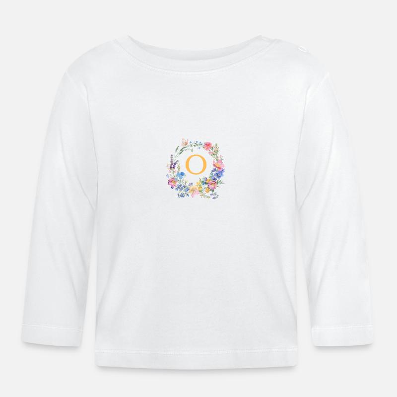 O Monogramm Floral, Blumenkranz, personalisierbar - Baby Bio-Langarmshirt - Weiß