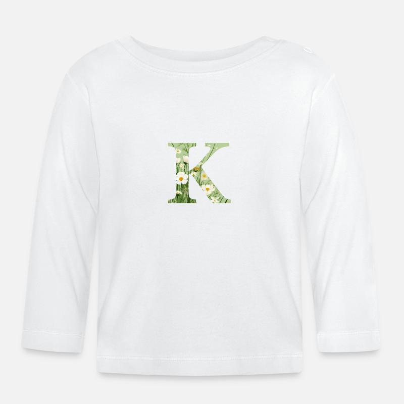 Buchstabe K, Monogramm, Blumenmuster - Baby Bio-Langarmshirt - Weiß