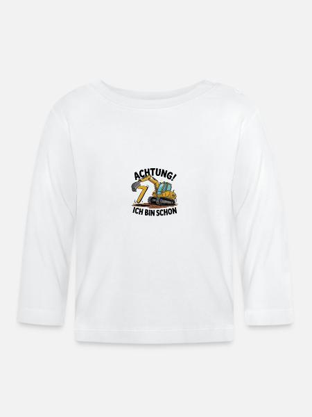 7th Birthday 7 Years Excavator Construction Vehicle Construction Site - Organic Baby Long Sleeve T-Shirt - white