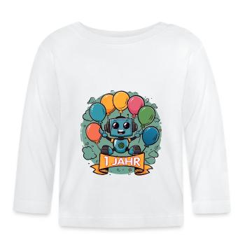 1 Jahr Geburtstag Kleiner Roboter mit Luftballons - Baby Bio-Langarmshirt - Weiß - Vorne