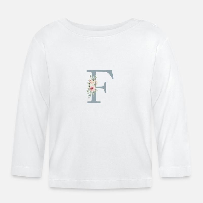 F| Monogramm | Eukalyptus-Pastell-Blumen-Blau - Baby Bio-Langarmshirt - Weiß