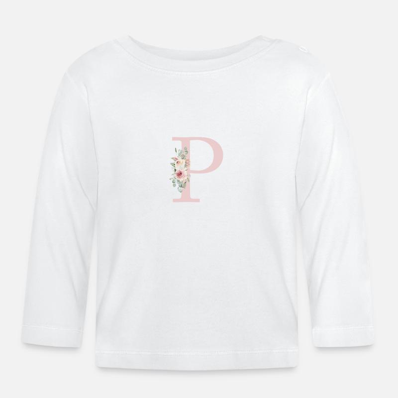 P| Monogramm | Eukalyptus-Pastell-Blumen-Blau - Baby Bio-Langarmshirt - Weiß