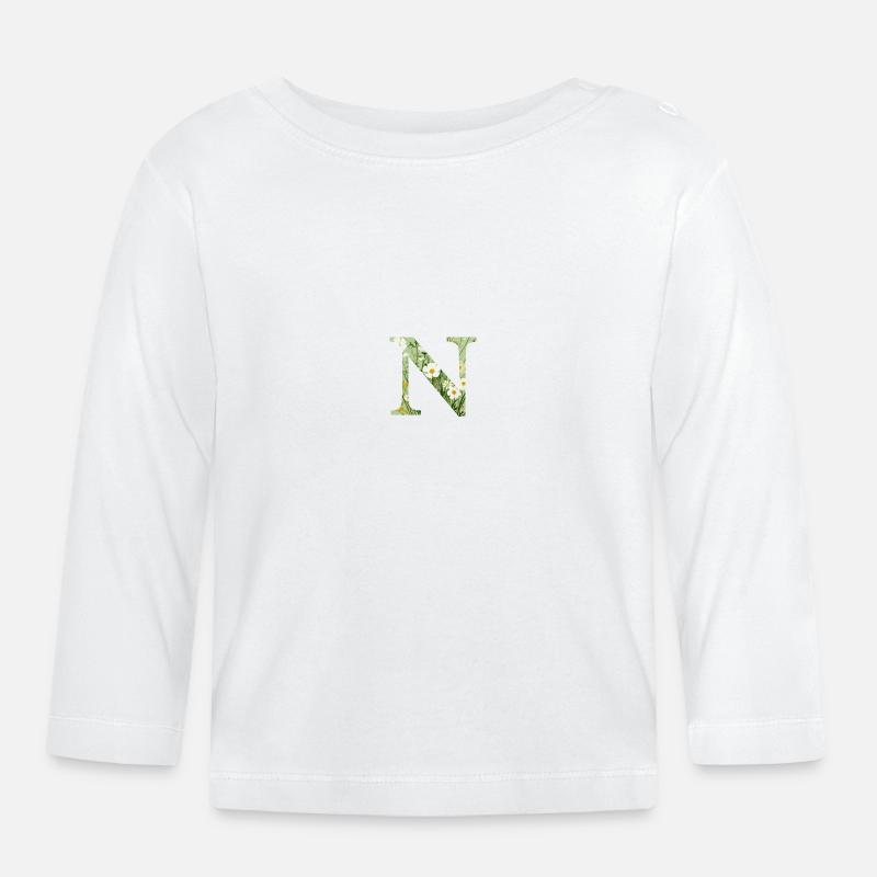 Buchstabe N, Monogramm, Blumenmuster - Baby Bio-Langarmshirt - Weiß