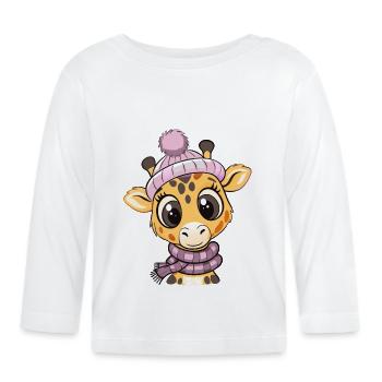 Jolie girafe avec écharpe et chapeau à pompon. - T-shirt manches longues bio Bébé - blanc - Devant