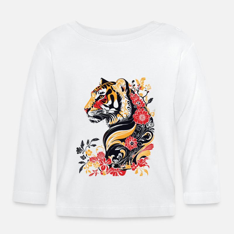 Jugendstil - bunter Tiger und Blumen - Baby Bio-Langarmshirt - Weiß
