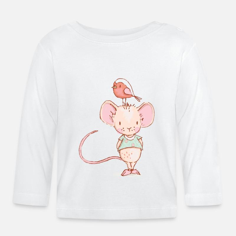 Maus mit Vogel - Baby Bio-Langarmshirt - Weiß
