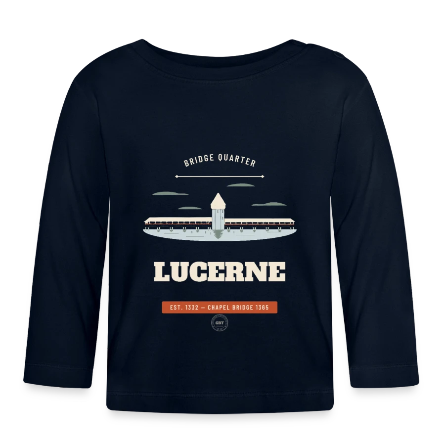 Lucerne badge on a organic baby long sleeve t-shirt, navy