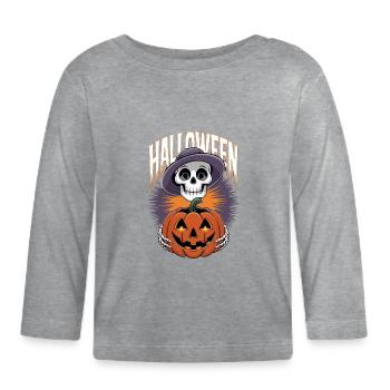 Squelette d’Halloween avec citrouille lanterne - T-shirt manches longues bio Bébé - gris chiné - Devant
