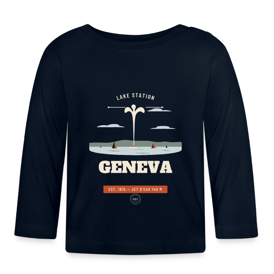 Geneva badge on a organic baby long sleeve t-shirt, navy