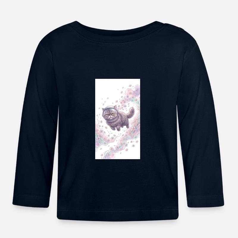 Chat de l’espace dans la magie des fleurs - T-shirt manches longues bio Bébé - marine
