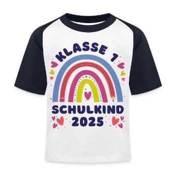 Regenbogen mit Stift und Herz - Schulkind 2025 - Kinder Baseball T-Shirt - Weiß/Navy - Vorne