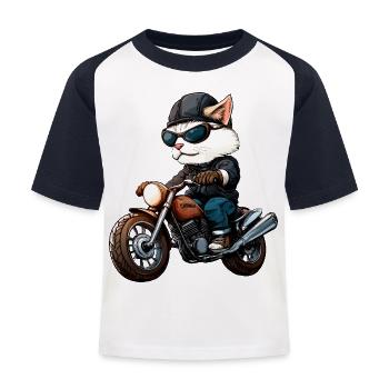 Motorcyclist Cat - Kids' Baseball T-Shirt - white/navy - Front