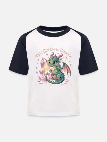 Mädchenliebe zu Drachen mit Kristall - Kinder Baseball T-Shirt - Weiß/Navy