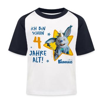 KIKA-Baumhaus Mit Fidi Geburtstagsdesign 4 Jahre - Kinder Baseball T-Shirt - Weiß/Navy - Vorne