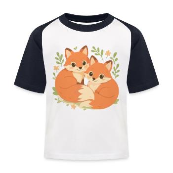 Deux adorables renards blottis dans la forêt - T-shirt baseball Enfant - blanc/marine - Devant