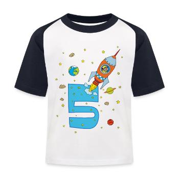 5. Geburtstag Rakete Junge - Kinder Baseball T-Shirt - Weiß/Navy - Vorne