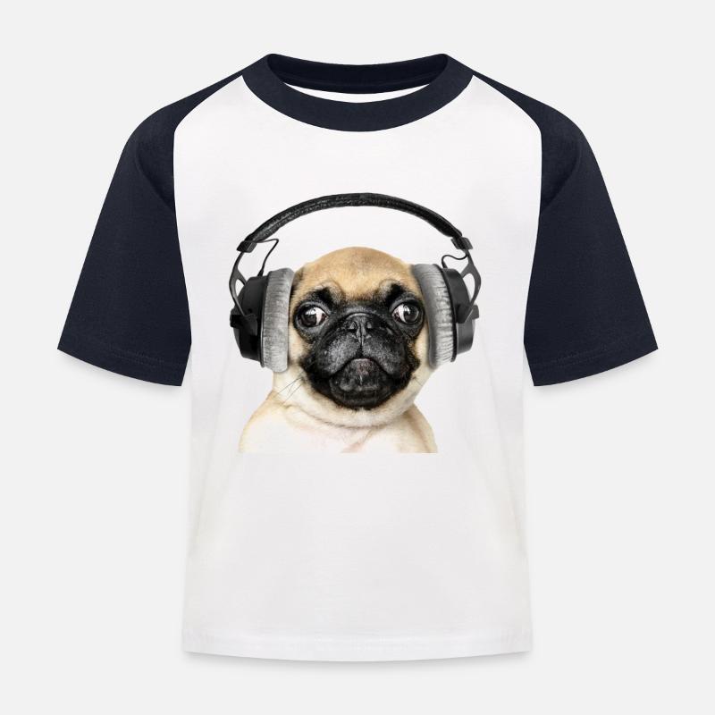 Mops mit Kopfhörer - Kinder Baseball T-Shirt - Weiß/Navy