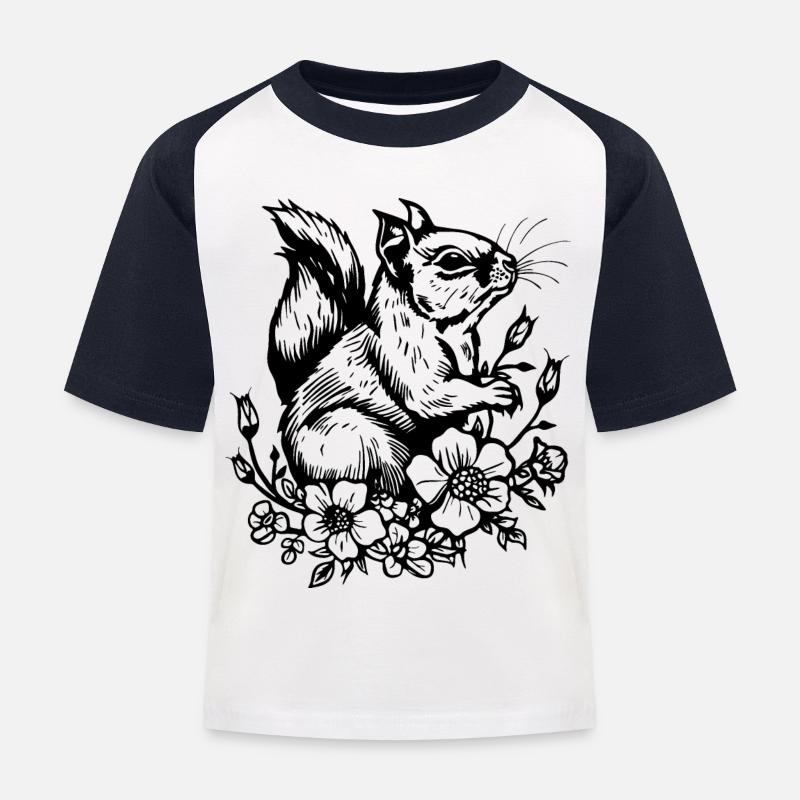 Eichhörnchen mit Blumen - Kinder Baseball T-Shirt - Weiß/Navy