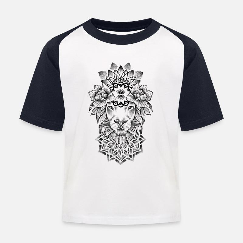 Lion and Mandala dotwork tattoo art - Kids' Baseball T-Shirt - white/navy