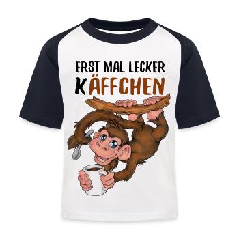 Erst mal lecker Käffchen niedlich Affe mit Kaffee - Kinder Baseball T-Shirt - Weiß/Navy - Vorne