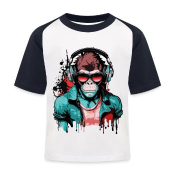 Affe Kopfhörer Sonnenbrille Gamer Zocken Musik - Kinder Baseball T-Shirt - Weiß/Navy - Vorne