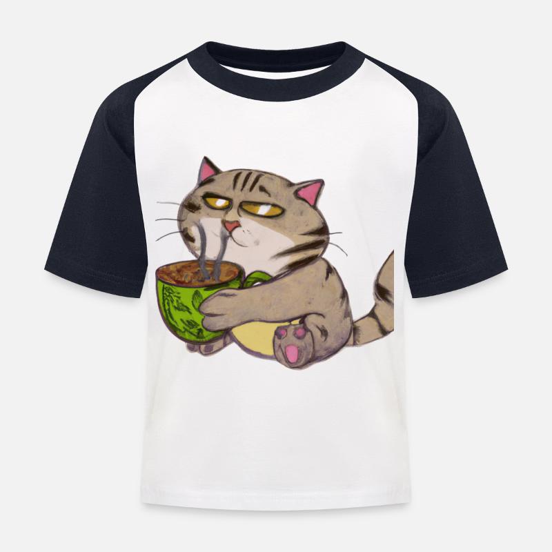 Katze trinkt einen Kaffee - Kinder Baseball T-Shirt - Weiß/Navy