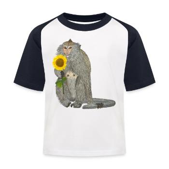 Affe Sonnenblume Makake - Kinder Baseball T-Shirt - Weiß/Navy - Vorne
