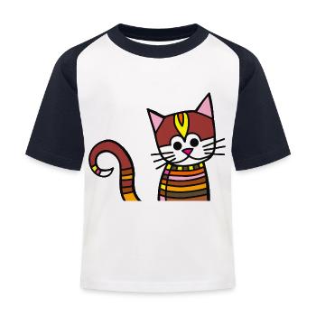 Cute Patchwork Doodle Kitten Portrait - Kids' Baseball T-Shirt - white/navy - Front