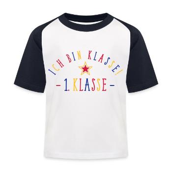 Ich bin 1. Klasse - 3-farbig Mix / Farbwechsel - Kinder Baseball T-Shirt - Weiß/Navy - Vorne