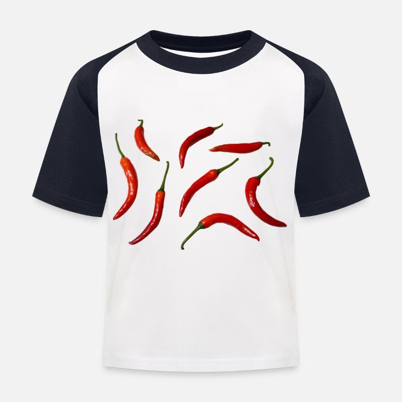 Fresh red chilies arranged on a light surface. - Kids' Baseball T-Shirt - white/navy