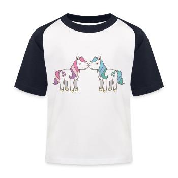 zwei niedliche Einhörner, die Rosa und Aqua küssen - Kinder Baseball T-Shirt - Weiß/Navy - Vorne