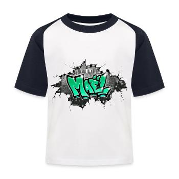 Mael Graffiti Name - Kinder Baseball T-Shirt - Weiß/Navy - Vorne