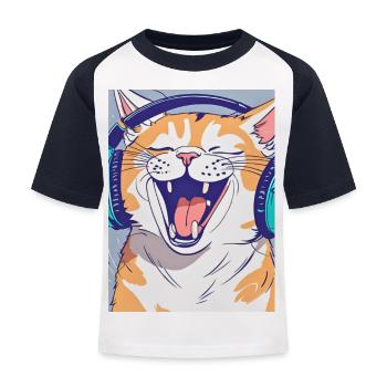 Glückliche Katze mit ihrer Musik - Kinder Baseball T-Shirt - Weiß/Navy - Vorne