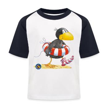 Der kleine Rabe Socke mit Schwimmreifen - Kinder Baseball T-Shirt - Weiß/Navy - Vorne