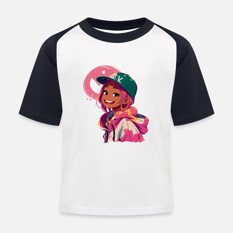 Schwarzes Mädchen im Kapuzenpullover (rosa) - Kinder Baseball T-Shirt - Weiß/Navy