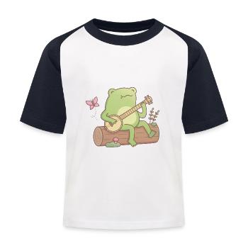 Netter Frosch mit Banjo auf Holzscheit - Kinder Baseball T-Shirt - Weiß/Navy - Vorne