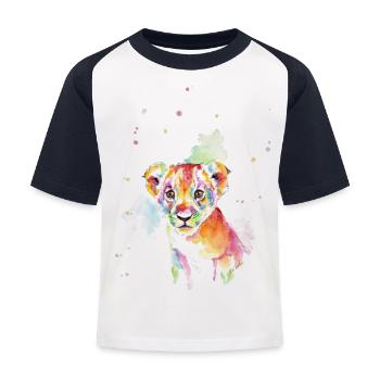 Buntes Aquarell Löwenjunges - Kinder Baseball T-Shirt - Weiß/Navy - Vorne