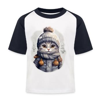 Chat avec chapeau, écharpe et veste d’hiver - T-shirt baseball Enfant - blanc/marine - Devant