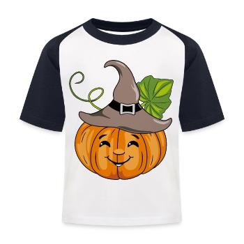 Cartoonhaft lächelnder Kürbis mit Hut - Kinder Baseball T-Shirt - Weiß/Navy - Vorne