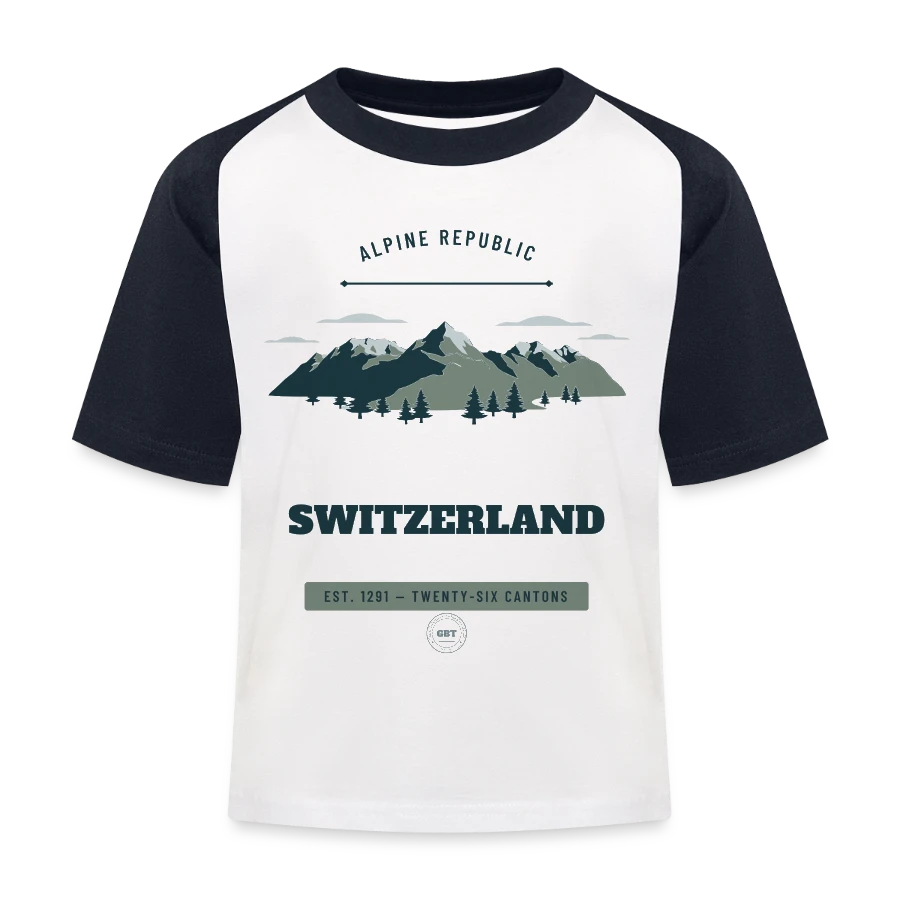 Switzerland badge on a kids' baseball t-shirt, white/navy